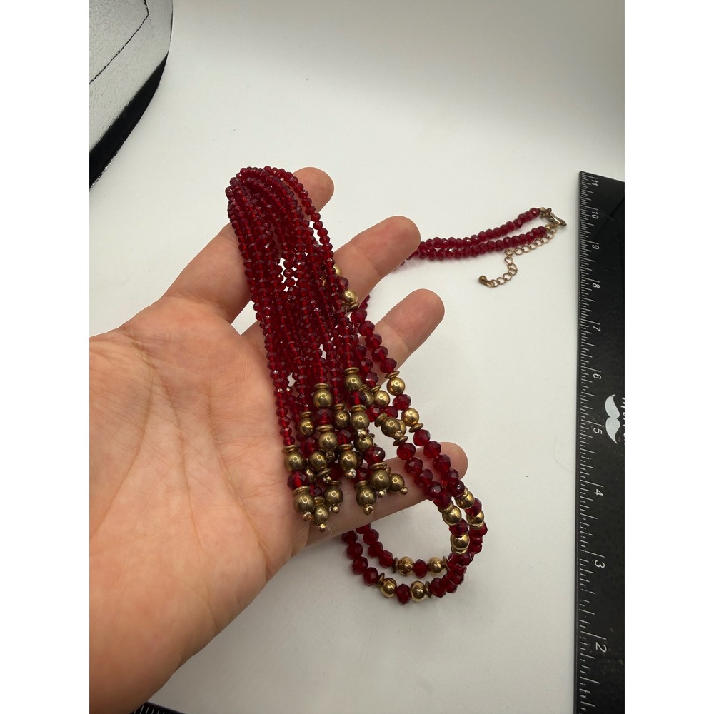 Vintage Style Ruby Red Faceted Glass Bead Tassel Necklace Gold Tone Long Chain - Picture 2 of 3